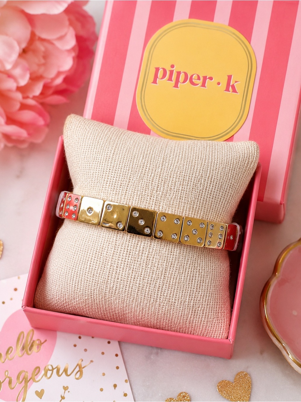 Piper K | Gold Tone Dice Rhinestone Stretch Bracelet ♠️✨